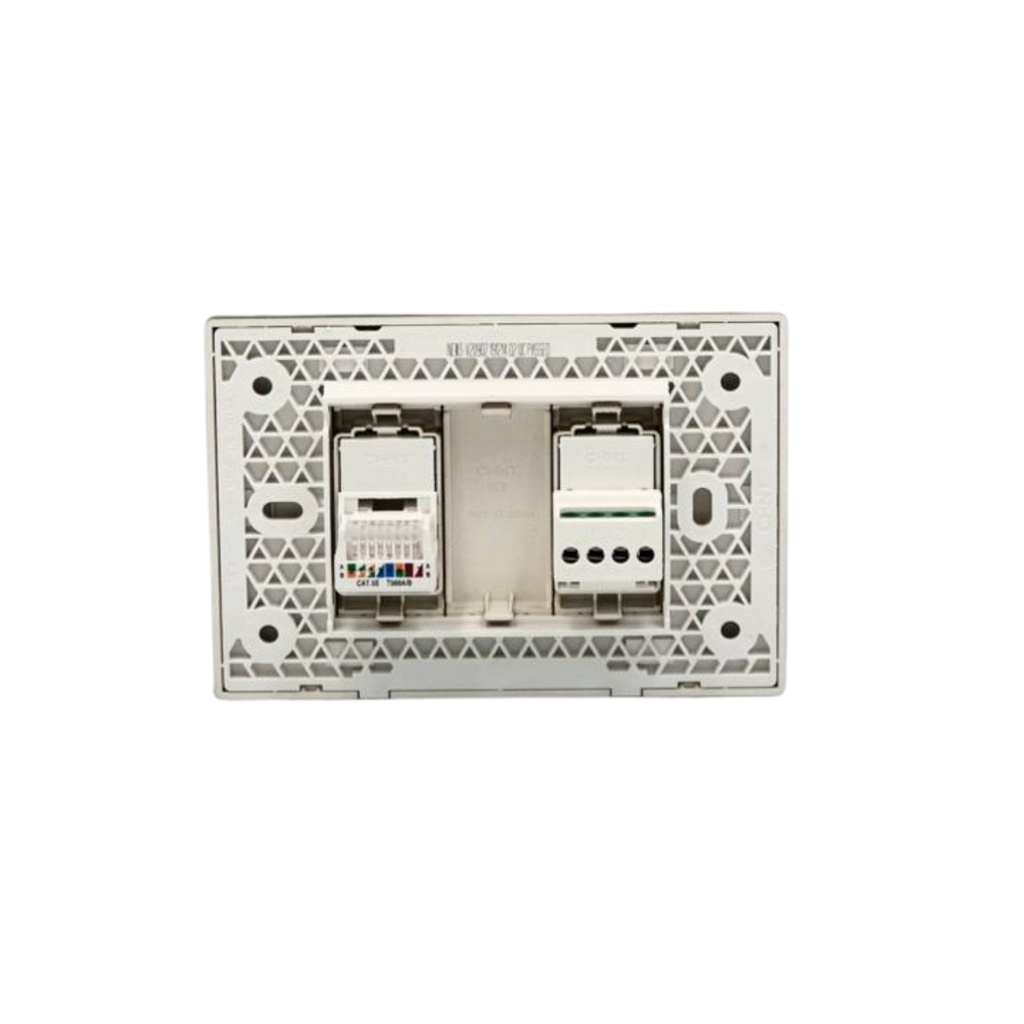 TOMACORRIENTE- TELEFONO RJ11  4 NUCLEOS + TOMA DE DATOS 8 NUCLEOS (CAT5E) PLATA