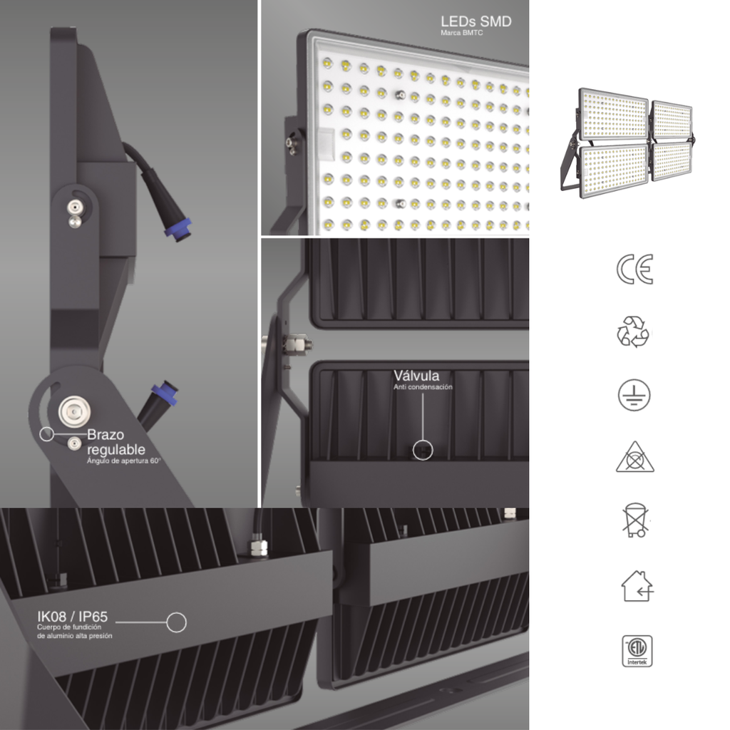 REFLECTOR LED OLIMPUS MACROLED 1000W, 100-277VAC, FP>0.9, THD<15%, 120LM/W, 6500K, 60 GRADOS, CRI>70, IP65, IK08, 120,000LM