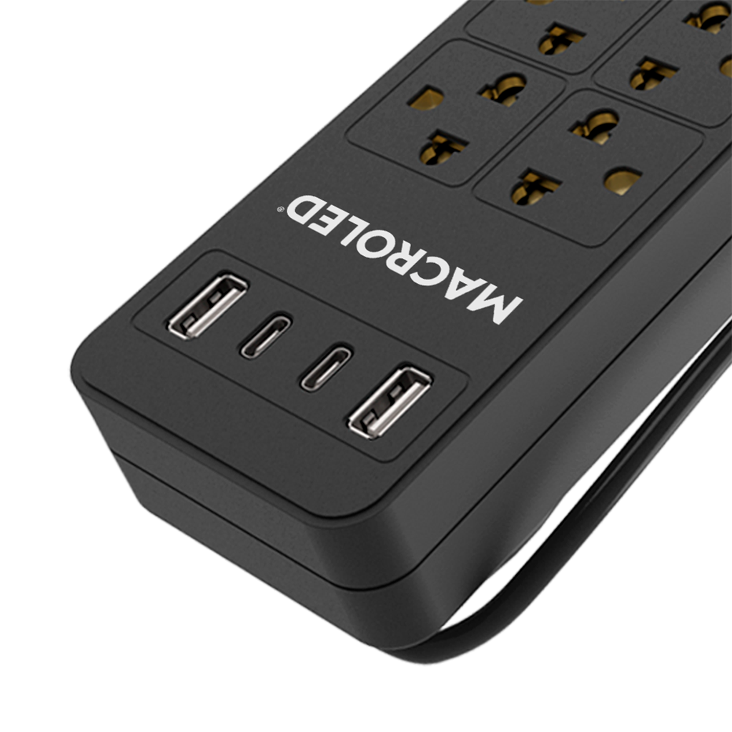 Supresor Multiple 6 Tomas Negro, +2 Usb +2 Usb C, 1.5Mts De Cable 3X0.75Mm, 250V, 10A, 2200W Max, Usb 5V 3.1A, Protector Termico