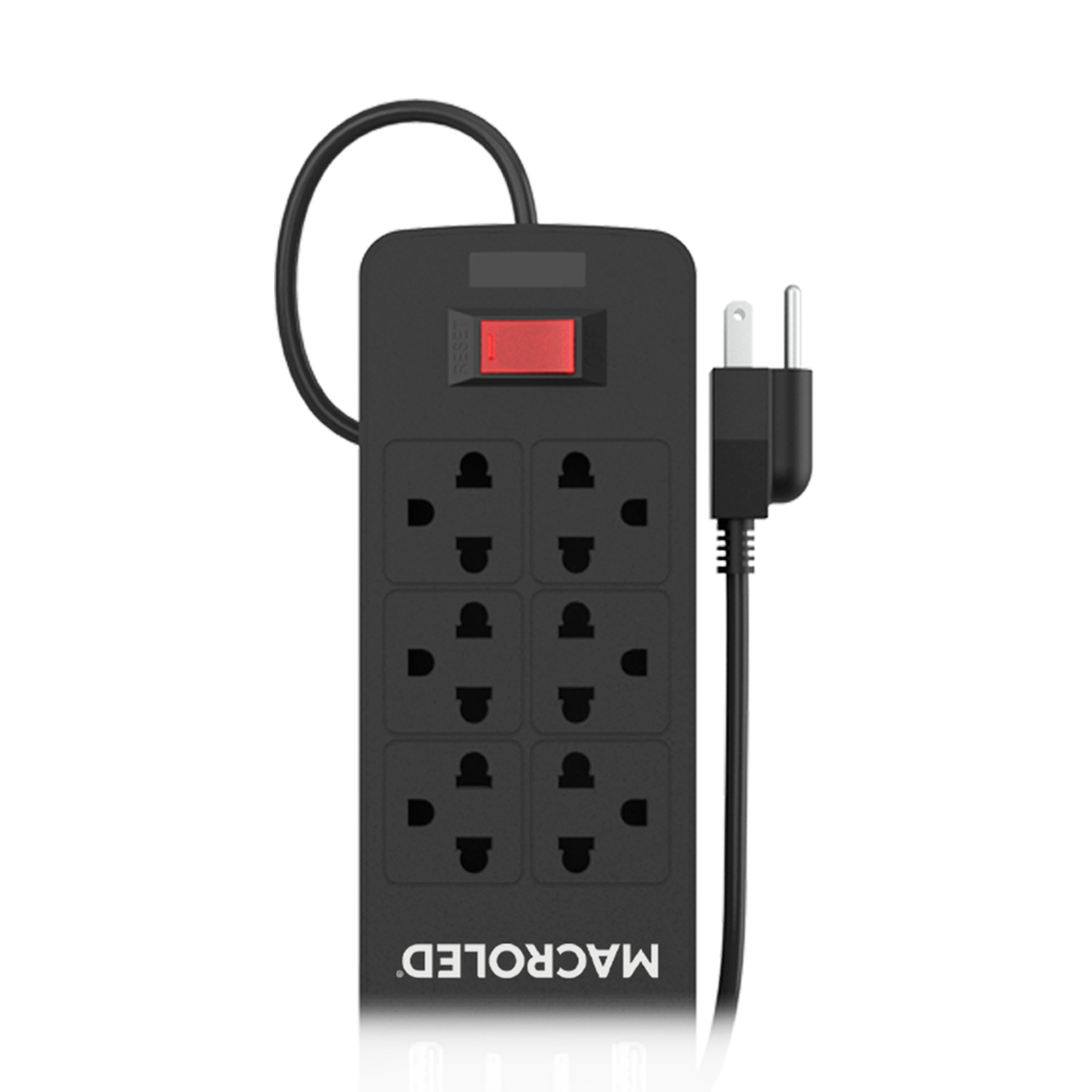 Supresor Multiple 6 Tomas Negro, +2 Usb +2 Usb C, 1.5Mts De Cable 3X0.75Mm, 250V, 10A, 2200W Max, Usb 5V 3.1A, Protector Termico