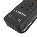 Supresor Multiple 6 Tomas Negro, +2 Usb +2 Usb C, 5Mts De Cable 3X0.75Mm, 250V, 10A, 2200W Max, Usb 5V 3.1A, Protector Termico