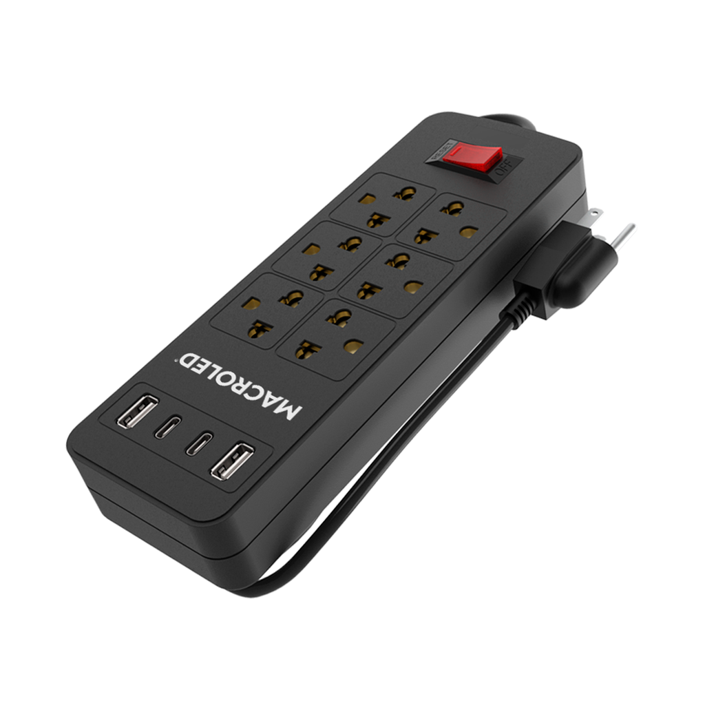 Supresor Multiple 6 Tomas Negro, +2 Usb +2 Usb C, 5Mts De Cable 3X0.75Mm, 250V, 10A, 2200W Max, Usb 5V 3.1A, Protector Termico