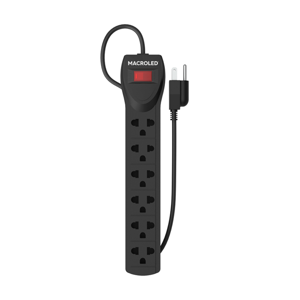 SUPRESOR MULTIPLE 6 TOMAS, NEGRO, 5MTS DE CABLE 3X0.75MM, 250V, 10A, 2200W MAX, PROTECTOR TERMICO