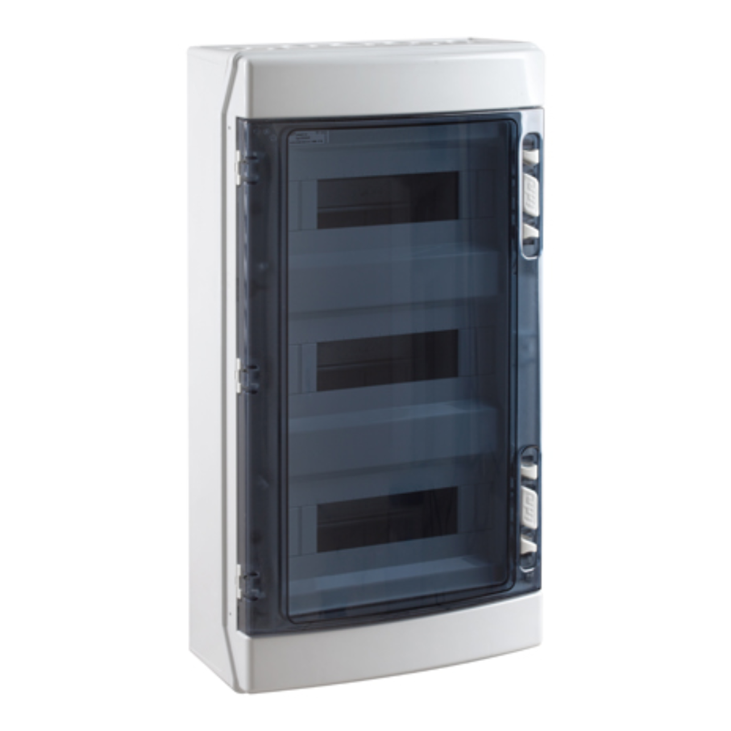 Tablero libre halógeno de ABS adosable c/puerta fumé 36 (3x12) polos s/tierra UV IP65 IK08