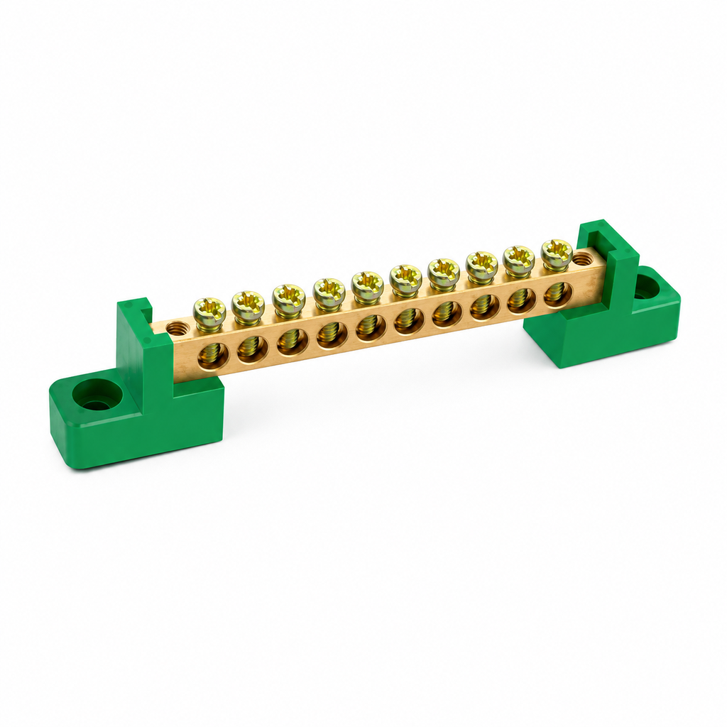 Bornera Tierra 6x9mm 10 Puntos PVC Verde