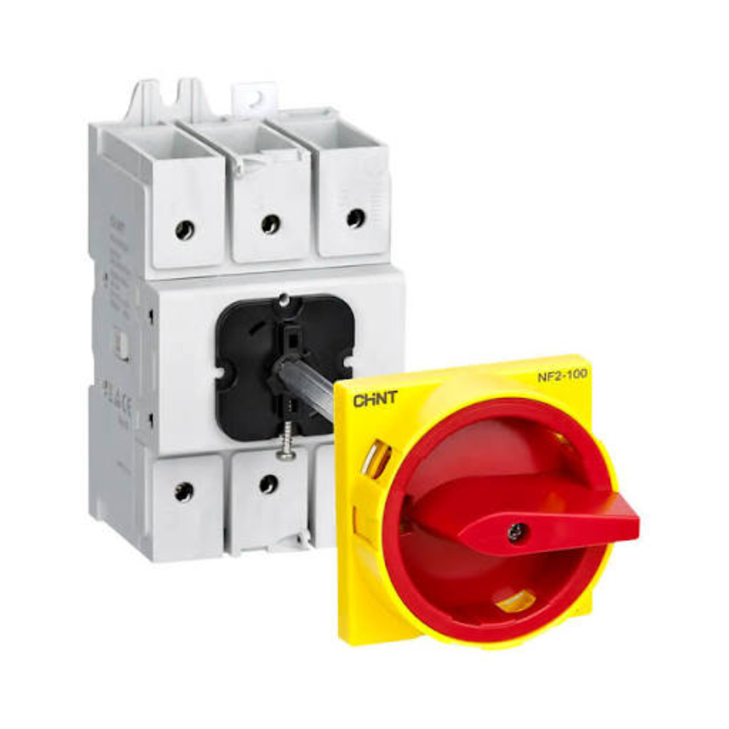 Seccionador Bajo Carga  Nf2 - 3P - In:32A - Carril Din - Mando Embrague - Maneta Amarillo Rojo