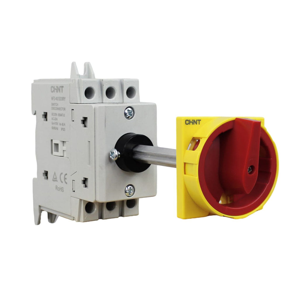 Seccionador Bajo Carga  Nf2 - 3P - In:40A - Carril Din - Mando Embrague - Maneta Amarillo Rojo