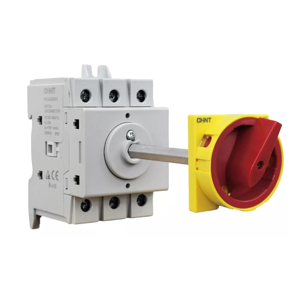 Seccionador Bajo Carga  Nf2 - 3P - In:63A - Carril Din - Mando Embrague - Maneta Amarillo Rojo