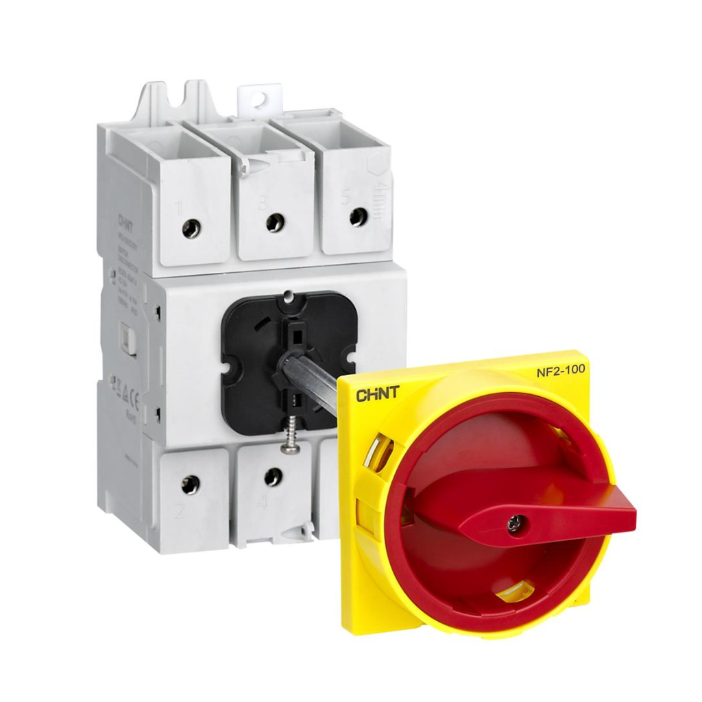 Seccionador Bajo Carga  Nf2 - 3P - In:80A - Carril Din - Mando Embrague - Maneta Amarillo Rojo