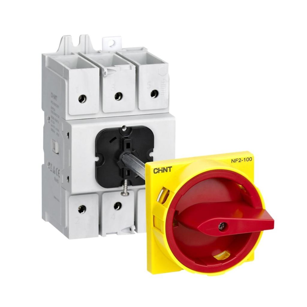 Seccionador Bajo Carga  Nf2 - 3P - In:125A - Carril Din - Mando Embrague - Maneta Amarillo Rojo